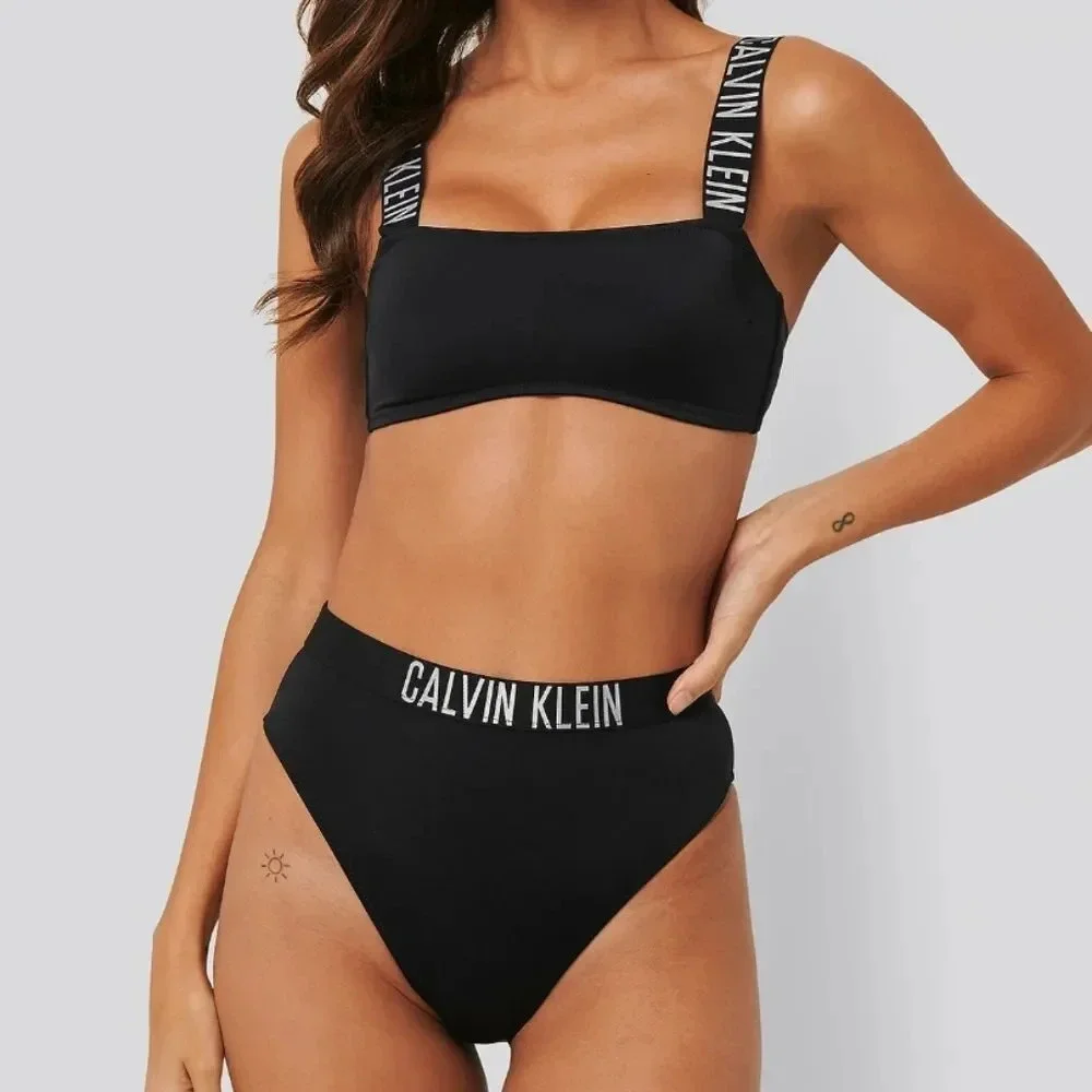 Calvin Klein Women's Black Logo Band High Waisted Swimsuit Bikini Bottom Size XL